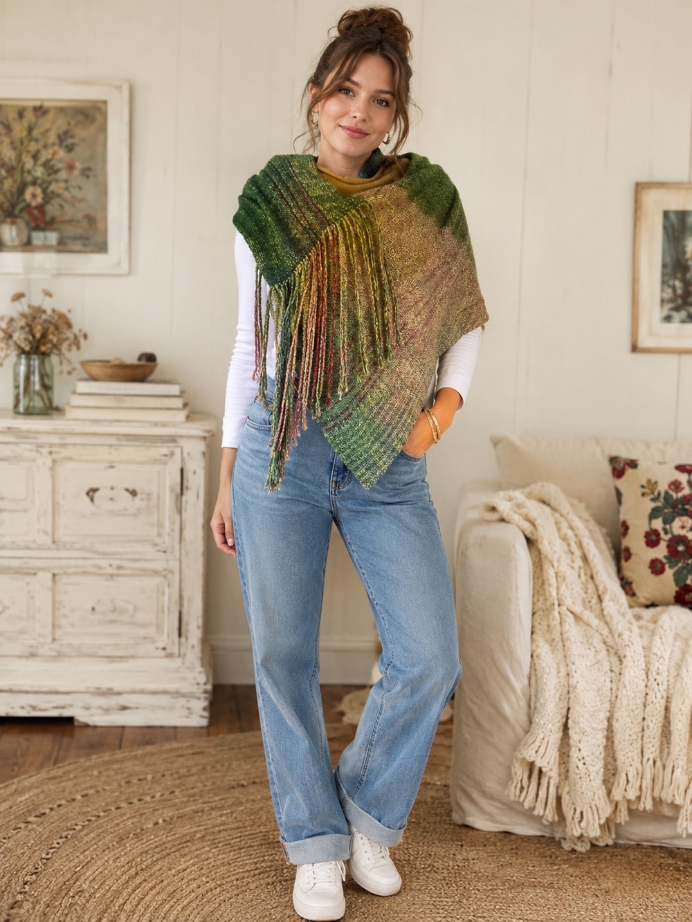 Homemade Knit Poncho Scarf – One Size – Cottagecore Grandma Chic